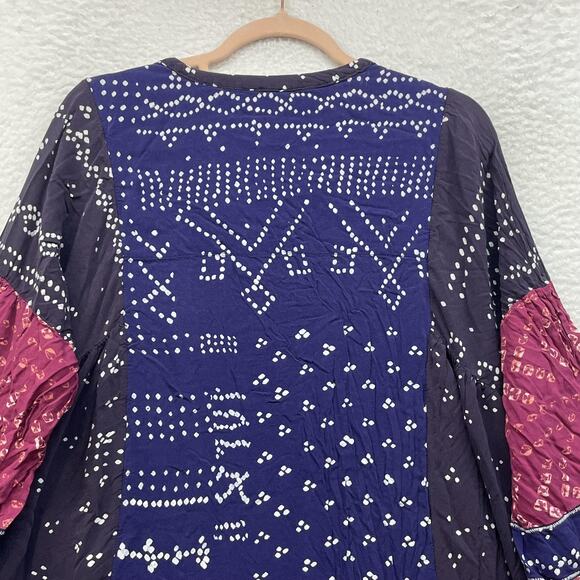 Free People Shirt Womens Large Blue Boho Tunic Henley Balloon Sleeve Ruffle Hem - Picture 6 of 12